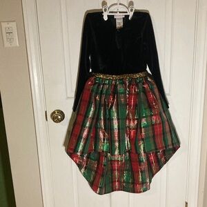 Festive Plaid Kids Dress with Black Velvet Top